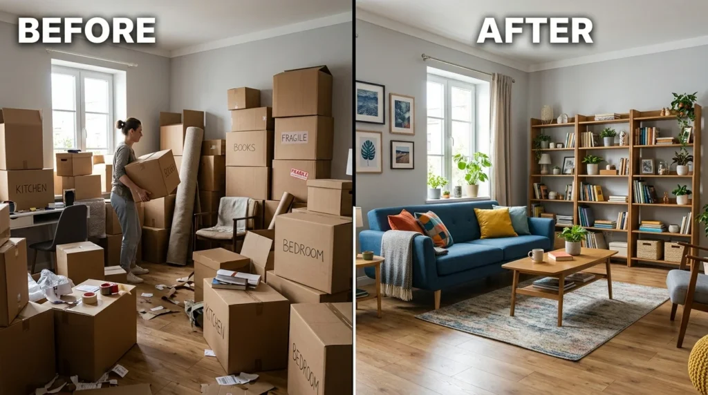 Before and after a white glove move showing fully unpacked and arranged home.