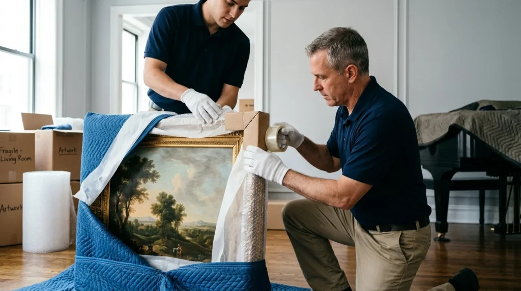 Professional movers handling fragile artwork during a white glove move